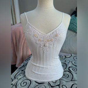 White Cami Tank Top with Lace and Pearl detail